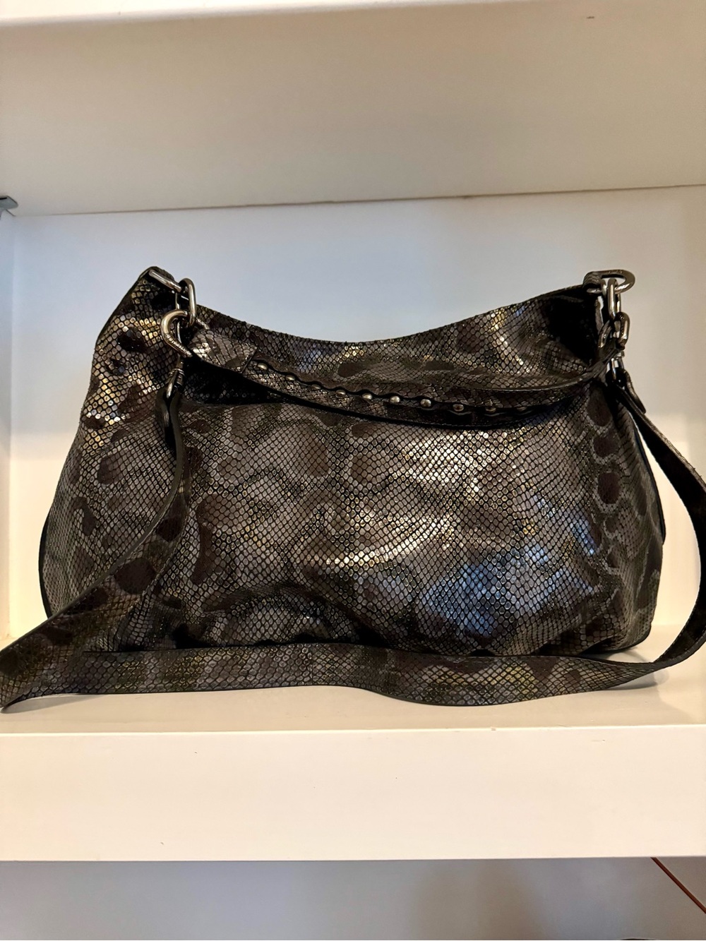 Stuart Weitzman Black & Gray Snakeskin Embossed Leather Studded Hobo Bag